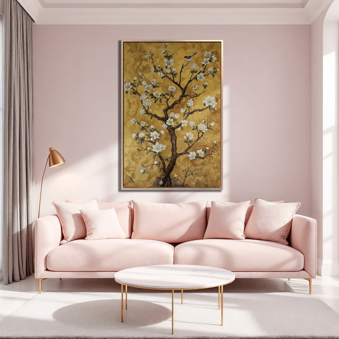 Framed Wall Art: Elegant floral tree art in gold, white, and brown tones. Adds a touch of nature and sophistication to any space. Perfect for living rooms.