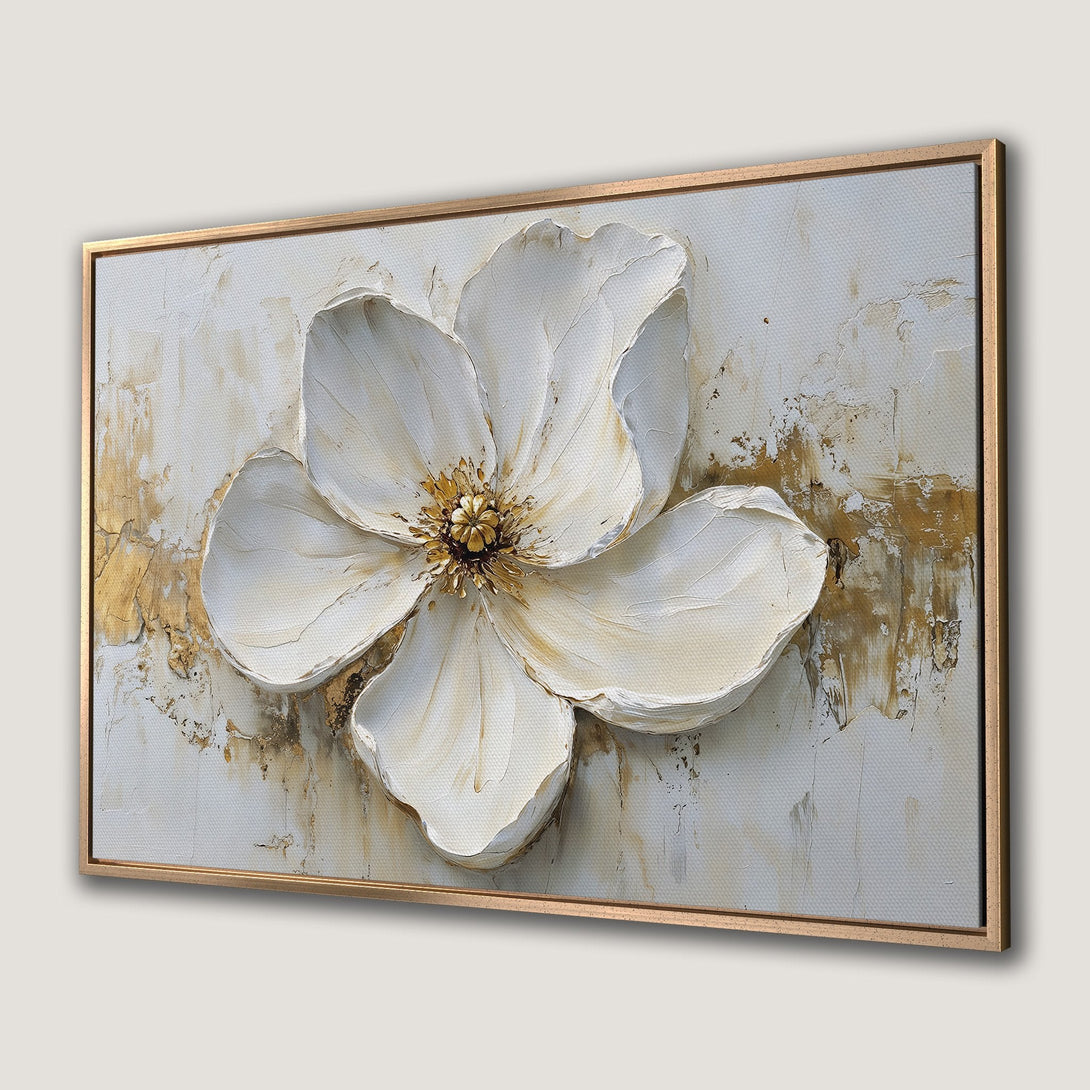 Framed Wall Art: Textured white flower painting with gold accents. Elegant, modern canvas print in neutral tones for sophisticated home decor.