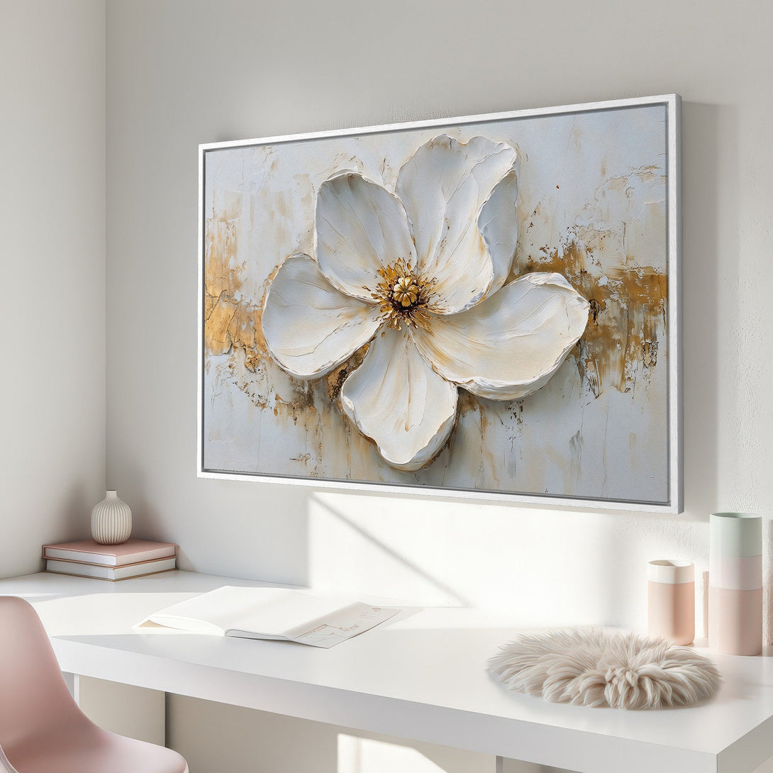 Framed Wall Art: Elegant white flower painting with gold accents. Modern, textured art in a neutral color palette. Perfect for home decor.