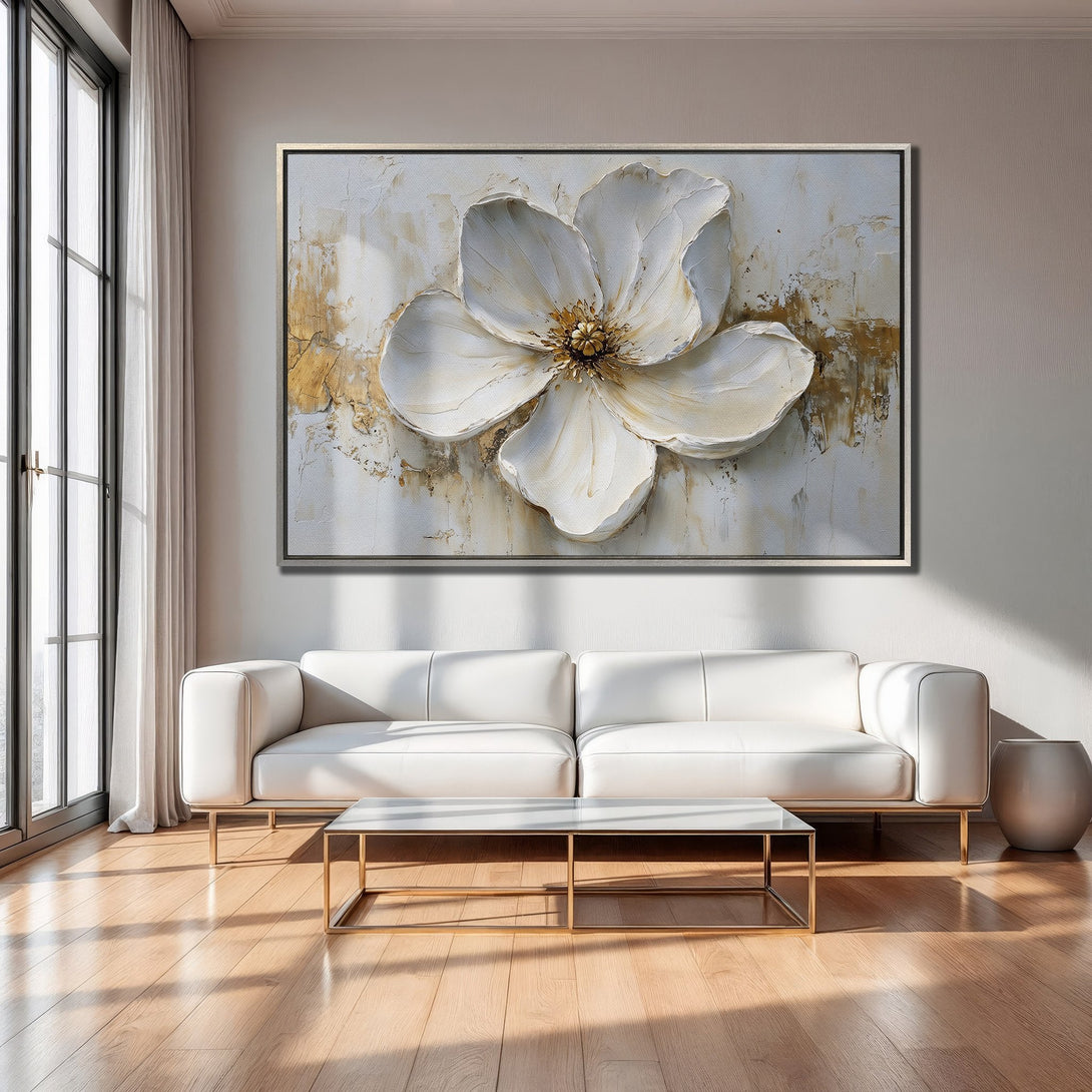 Framed Wall Art: Elegant white flower painting with gold accents. Modern, minimalist style in a neutral color palette, perfect for any interior.