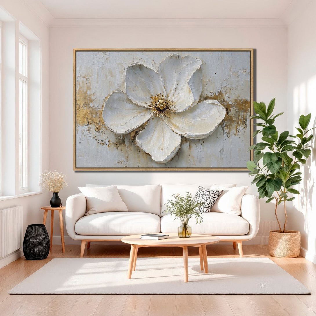 Framed Wall Art: Elegant white flower canvas print in a modern living room. Neutral color palette with gold accents. Perfect for home decor.