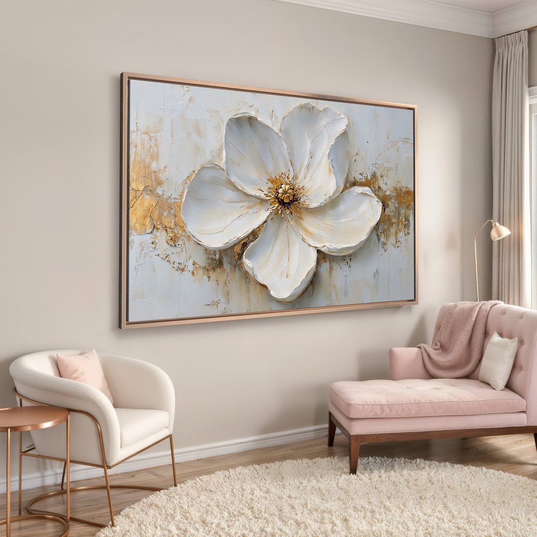 Framed Wall Art: Textured white flower painting with gold accents. Elegant decor in a neutral & pink interior. Modern floral canvas print.