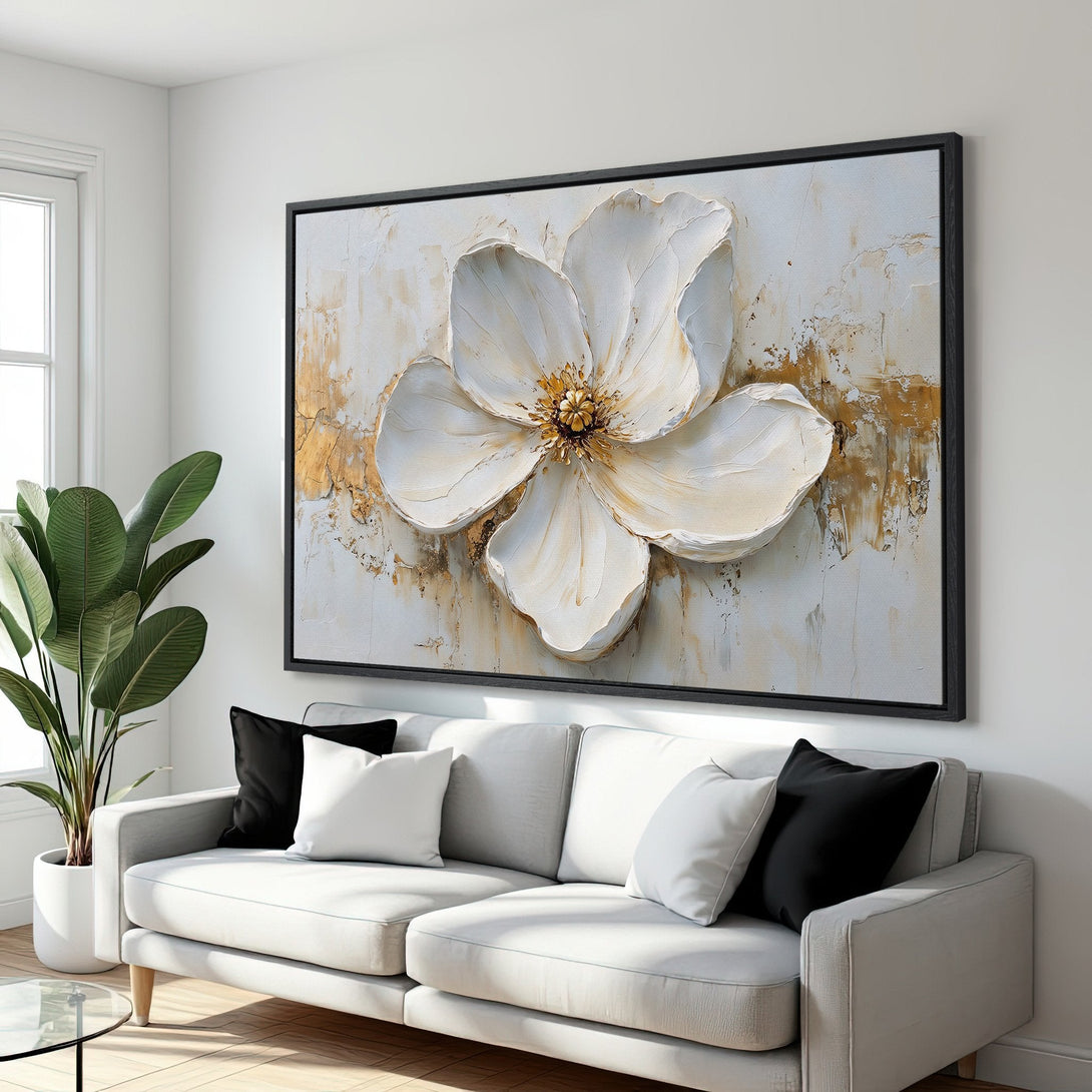 Framed Wall Art: Large white flower painting in a modern interior. Neutral color palette with gold accents. Perfect for living room decor.
