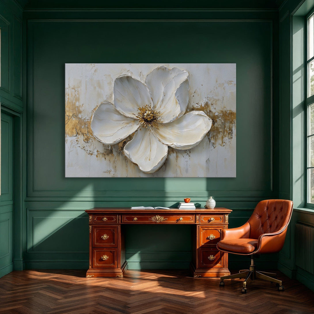 Framed Wall Art: Luxurious white flower painting with gold accents. Elegant abstract style in a neutral color palette, perfect for modern home decor.