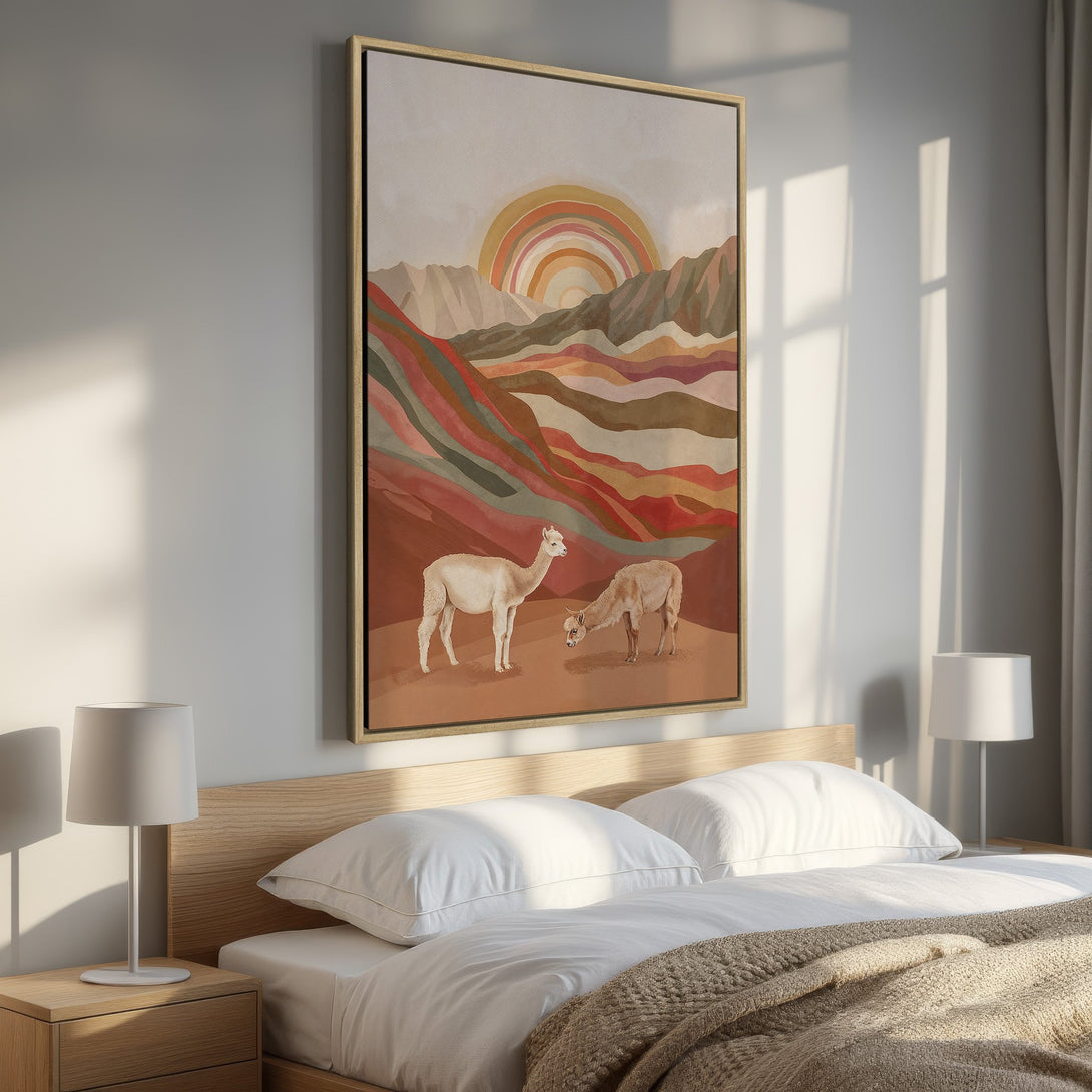 Framed Wall Art featuring a boho-style landscape with alpacas, a rainbow, and warm earth-toned colors. Perfect for bedroom decor!