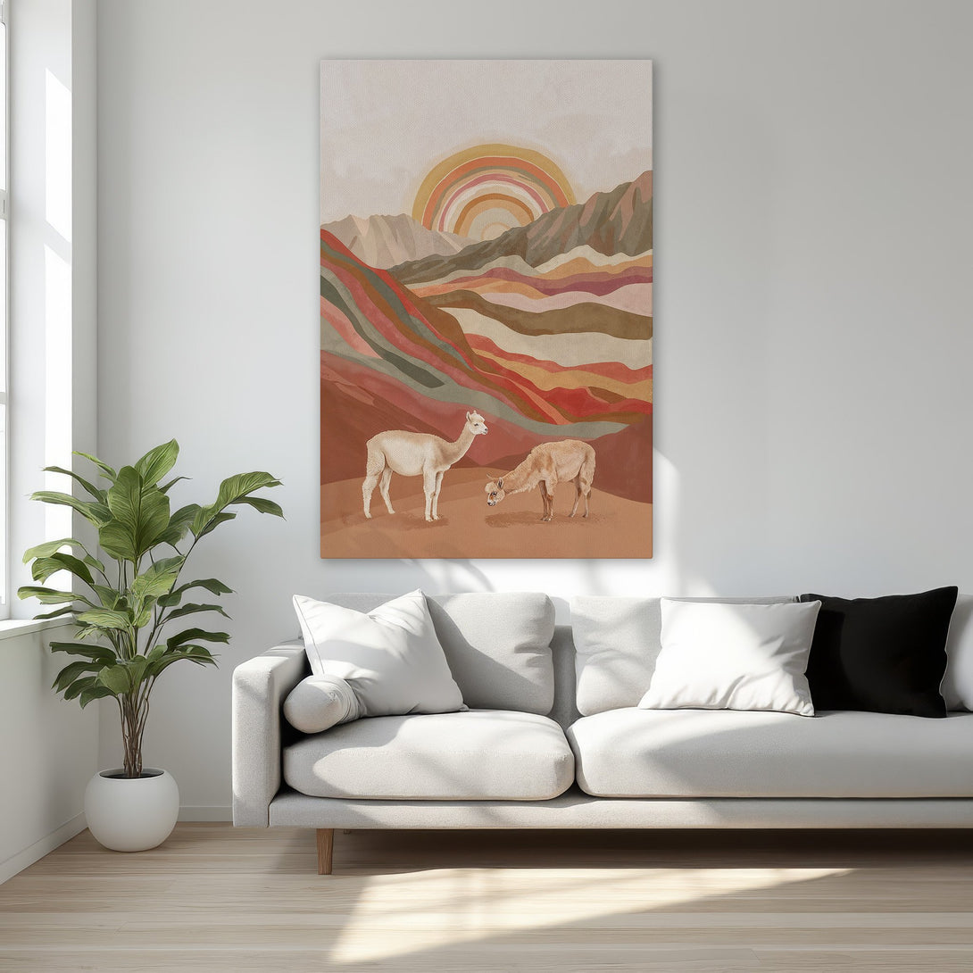 Framed Wall Art featuring a boho-style landscape with llamas, warm earth tones, and a rainbow. Perfect for adding a touch of nature to your home!