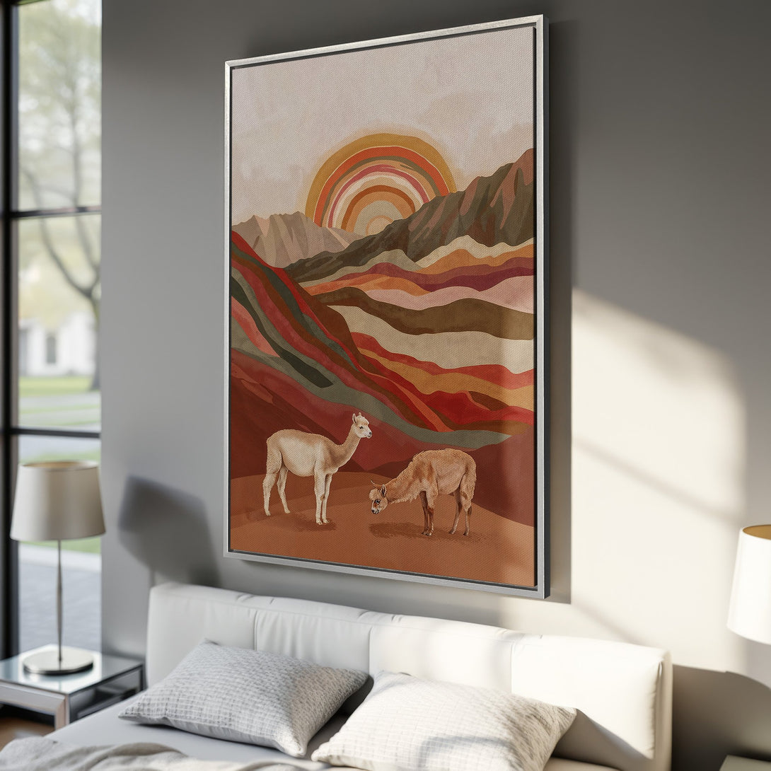 Framed Wall Art featuring llamas in a warm-toned landscape. Earthy color palette with a boho style. Perfect for adding a touch of nature to your home.