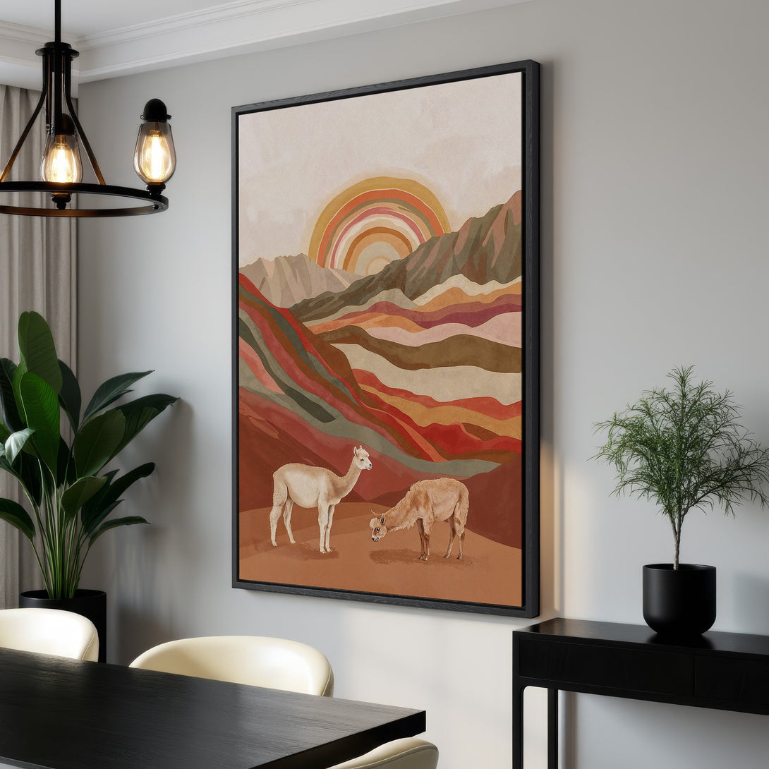 Framed Wall Art: Abstract landscape Canvas Print with alpacas. Earthy tones of brown, orange, and red in a modern, minimalist style. Perfect for home decor.