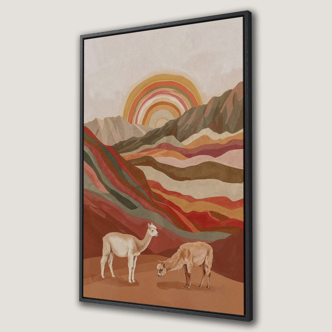 Framed Wall Art: Alpaca landscape art print in warm earth tones. Boho style canvas print with rainbow and mountains, perfect for living room decor.