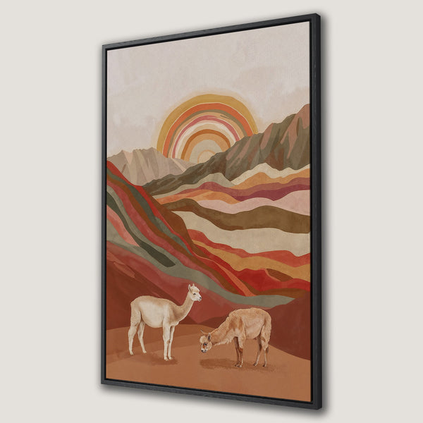 Framed Wall Art: Alpaca landscape art print in warm earth tones. Boho style canvas print with rainbow and mountains, perfect for living room decor.