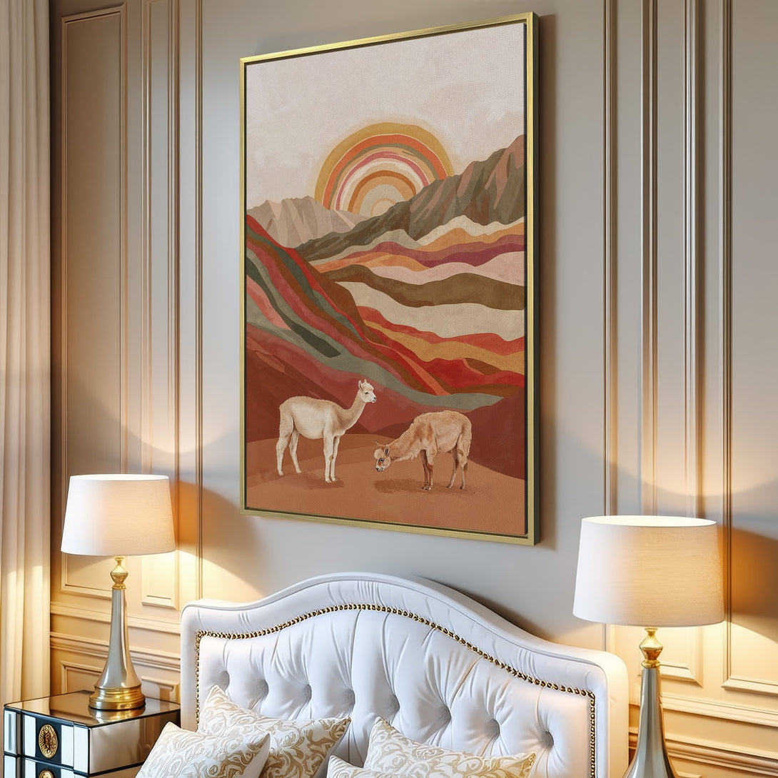 Canvas Print featuring an alpaca landscape painting in warm earth tones. Perfect boho wall art for a cozy living room.