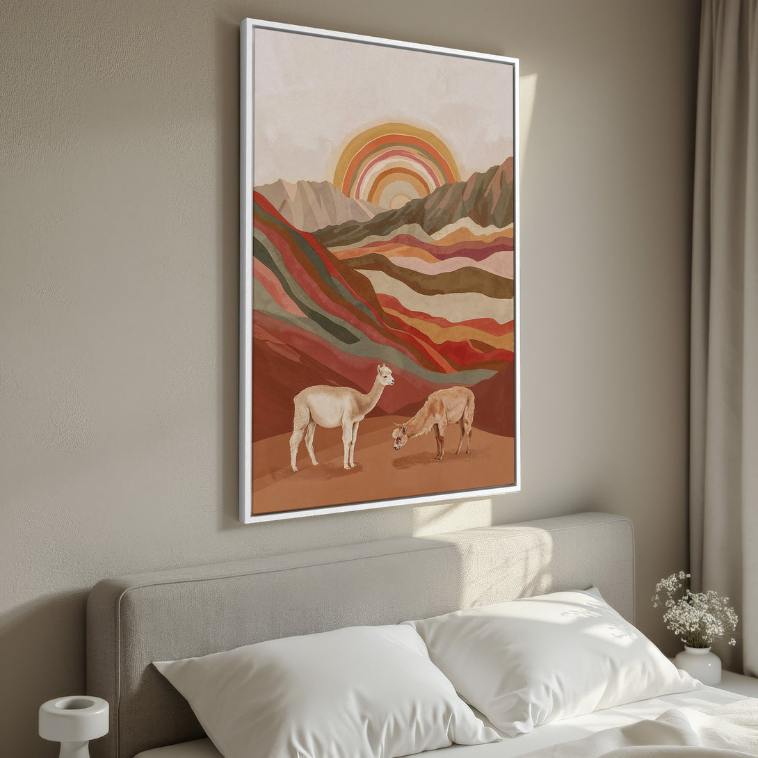 Framed Wall Art featuring a serene landscape with llamas, rainbow, and warm earthy tones. Perfect for adding a touch of bohemian style to your bedroom.