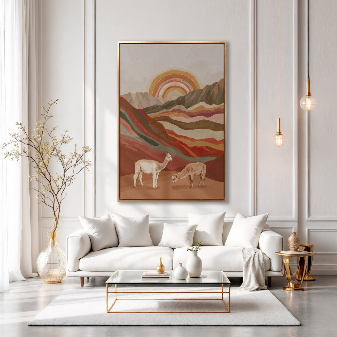 Framed Wall Art featuring llamas in a desert landscape with warm, earthy tones. Perfect for adding a touch of bohemian style to your home decor.