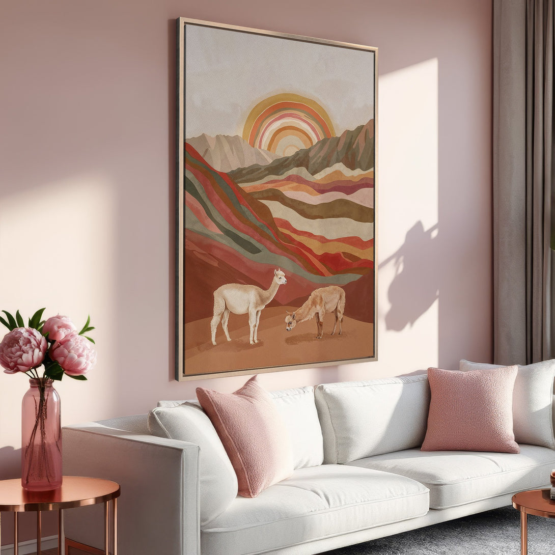 Framed Wall Art featuring a boho landscape with alpacas, warm earthy tones, and a rainbow. Perfect for adding a touch of nature to your home decor.