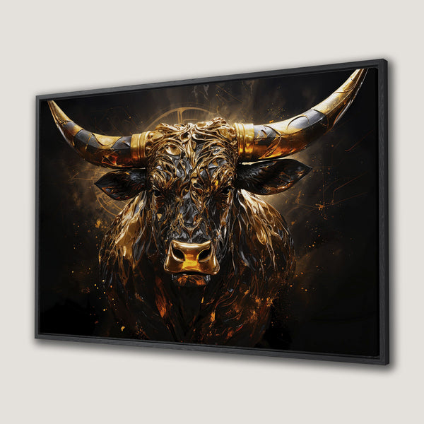 Framed Wall Art: Majestic golden bull canvas print. Modern, detailed artwork with a dark, rich gold and black color palette. Elevate your home decor!