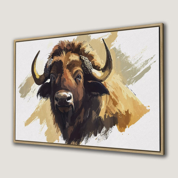 Canvas Print of a majestic bison in an expressive, painterly style. Earthy tones of brown, gold, and white create a stunning focal point.