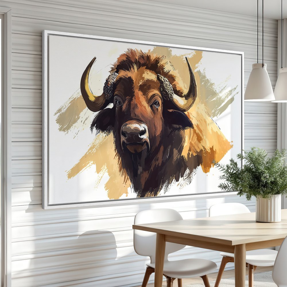 Framed Wall Art: Majestic buffalo portrait in warm brown and gold tones. Modern brushstroke style Canvas Print adds rustic charm to any space.