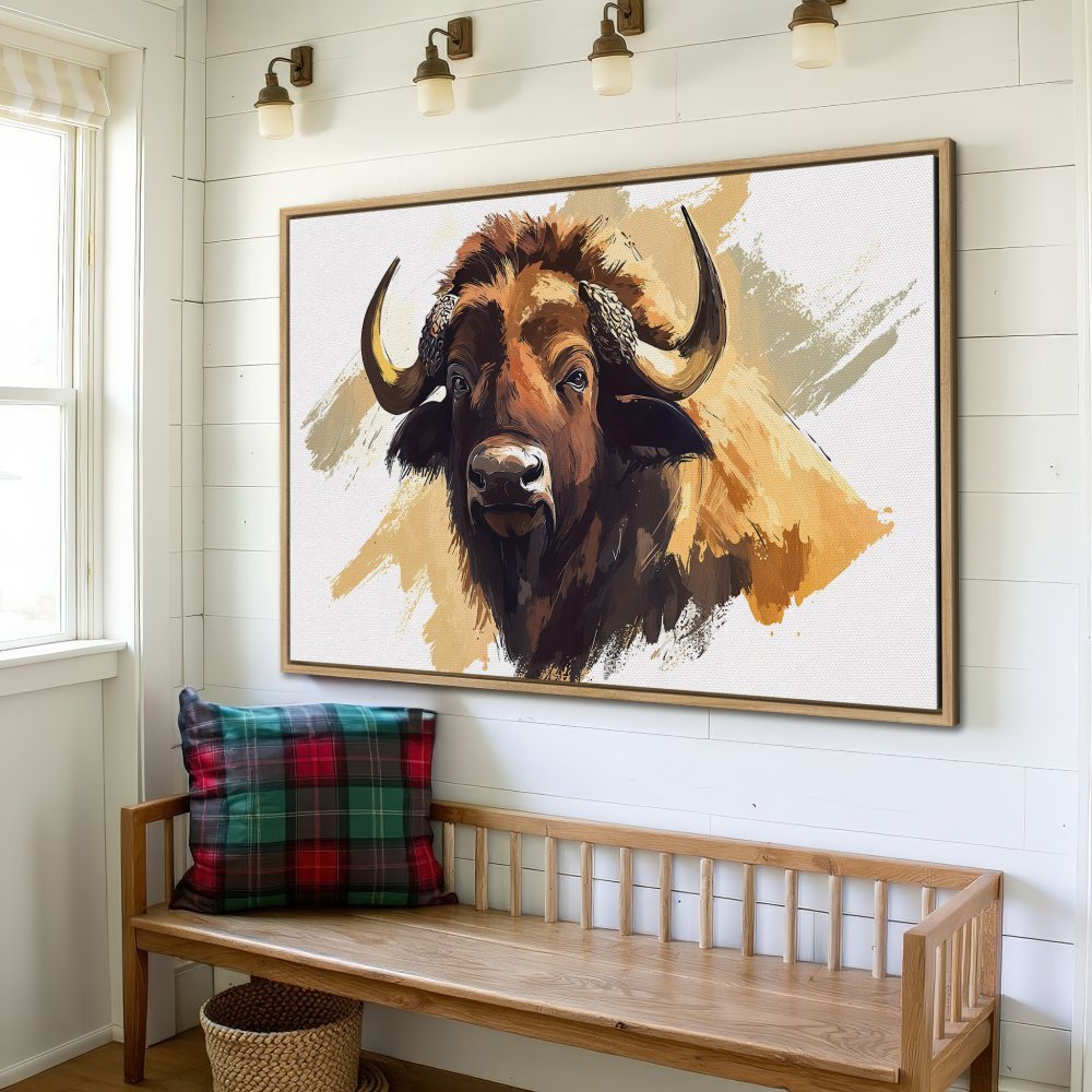 Canvas Print of a majestic bison in warm earth tones. Rustic style wall art for your home.