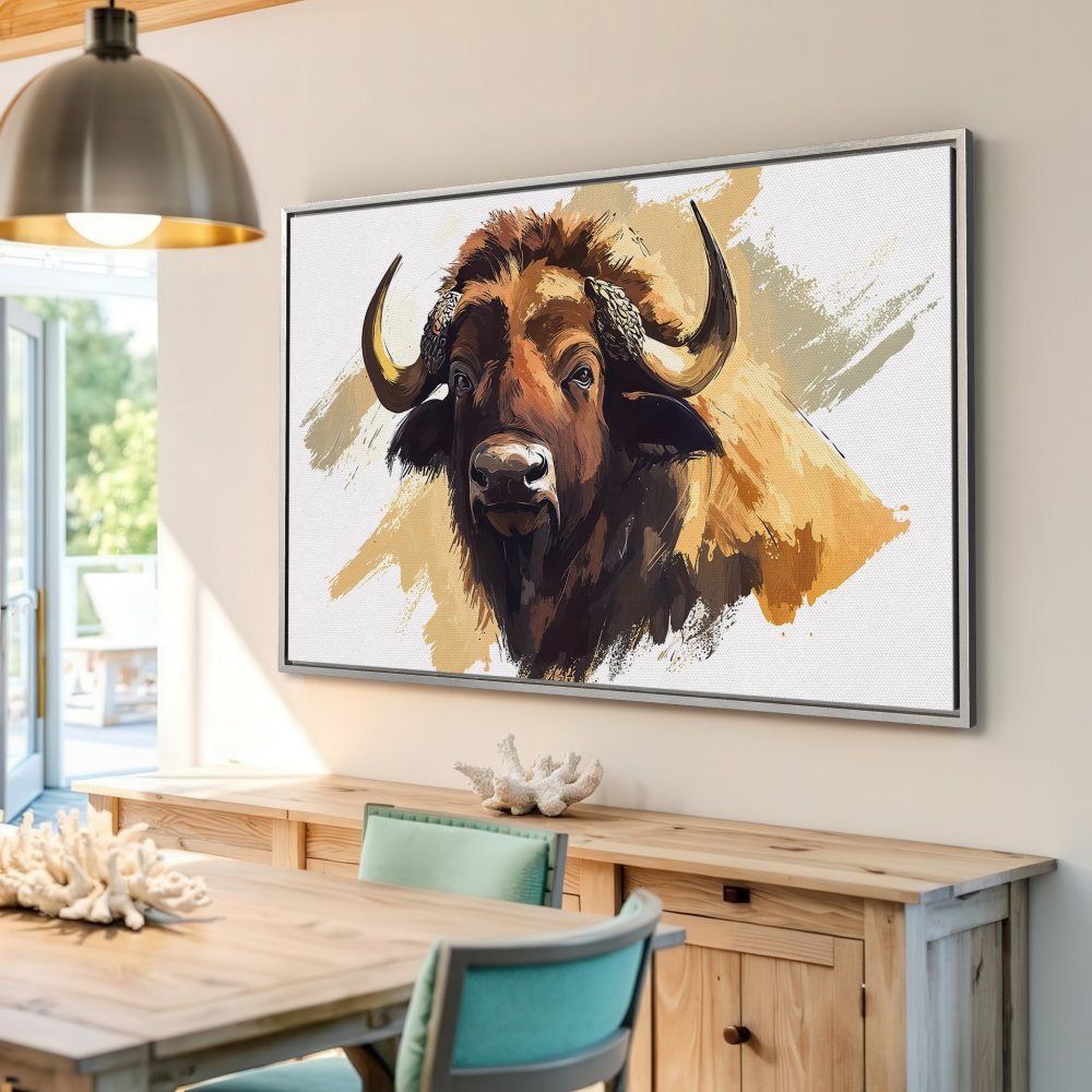 Framed Wall Art: Majestic bison portrait in warm brown and gold tones. Modern art Canvas Print perfect for any home decor.