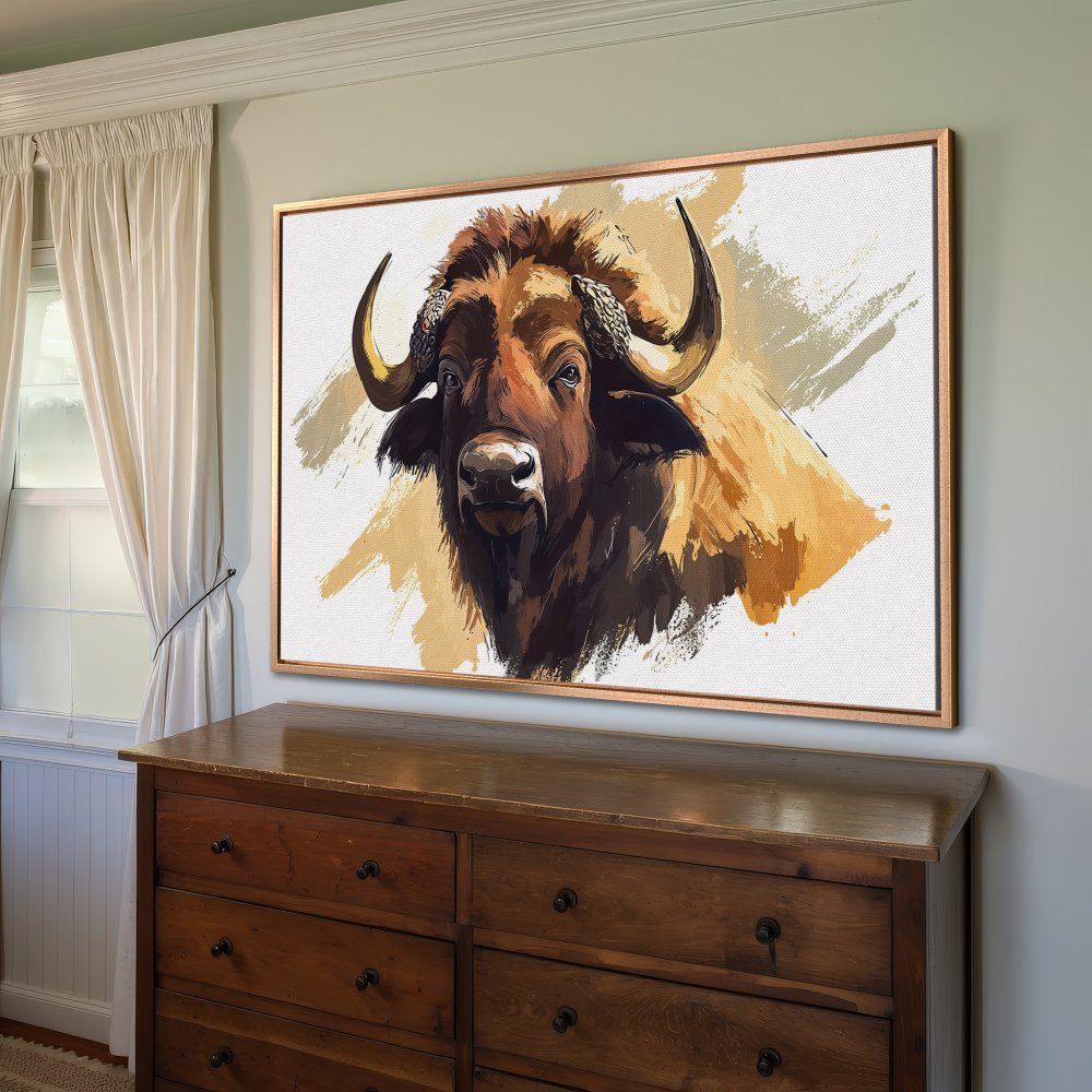 Framed Wall Art: Majestic buffalo portrait in warm brown and gold tones. Add a touch of wildlife art to your home decor!