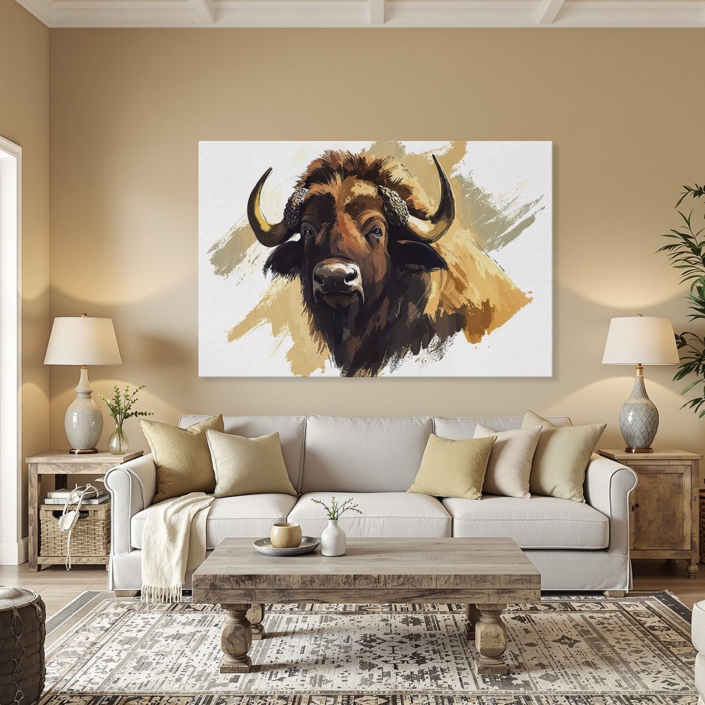 Framed Wall Art: Majestic buffalo portrait in warm earth tones. Elevate your space with this stunning Canvas Print!