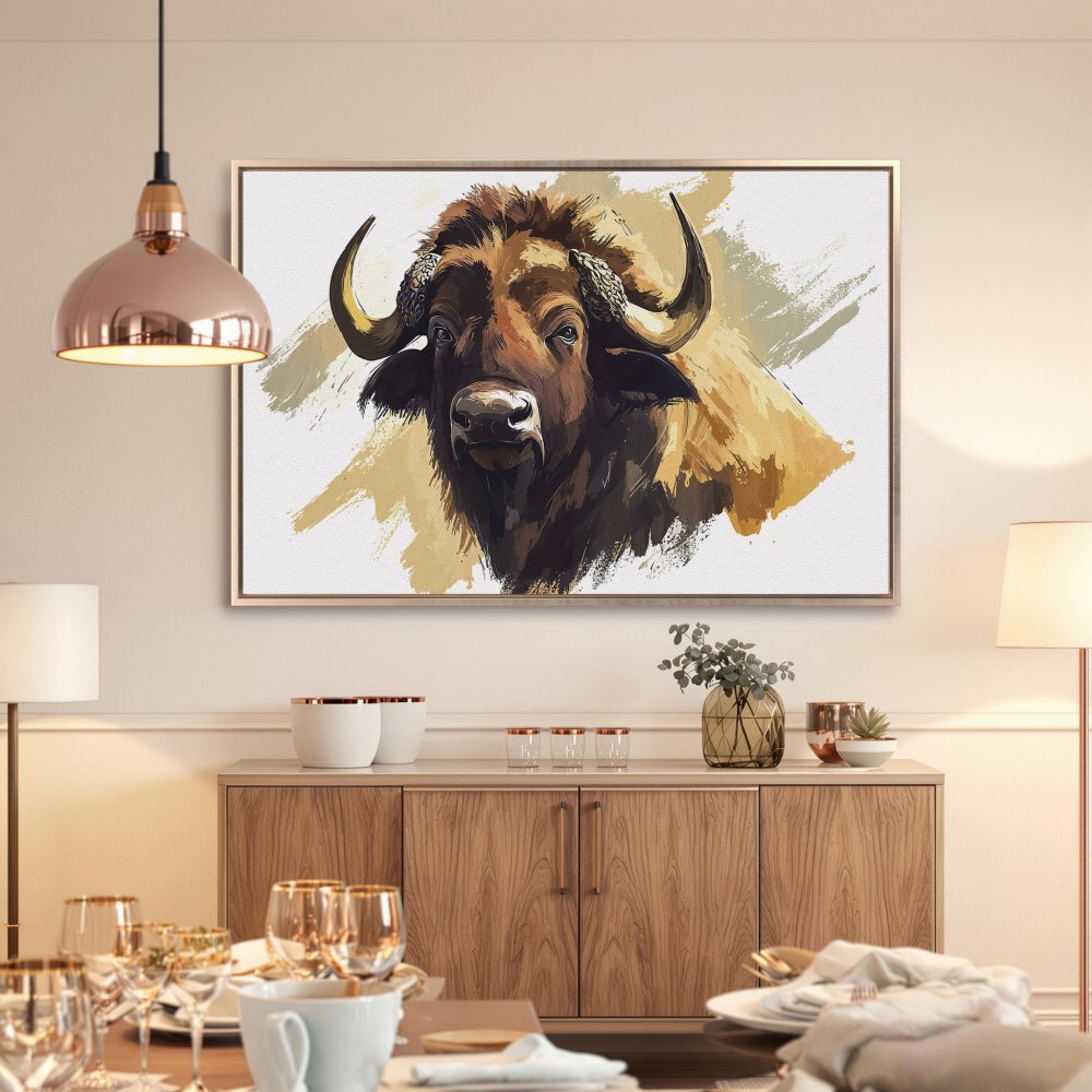 Framed Wall Art: Abstract buffalo portrait canvas print in warm brown and gold tones. Add a touch of wild elegance to your home decor!