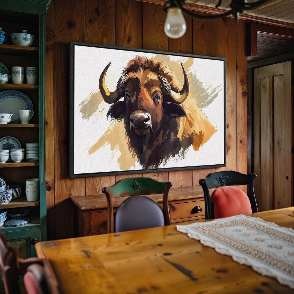 Framed Wall Art: Bison painting in warm brown tones. Rustic style canvas print adds a touch of nature to any room.