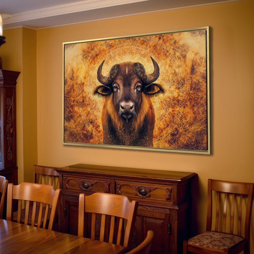 Canvas Print of a majestic buffalo in warm gold tones, perfect for rustic or boho decor. Shop now!