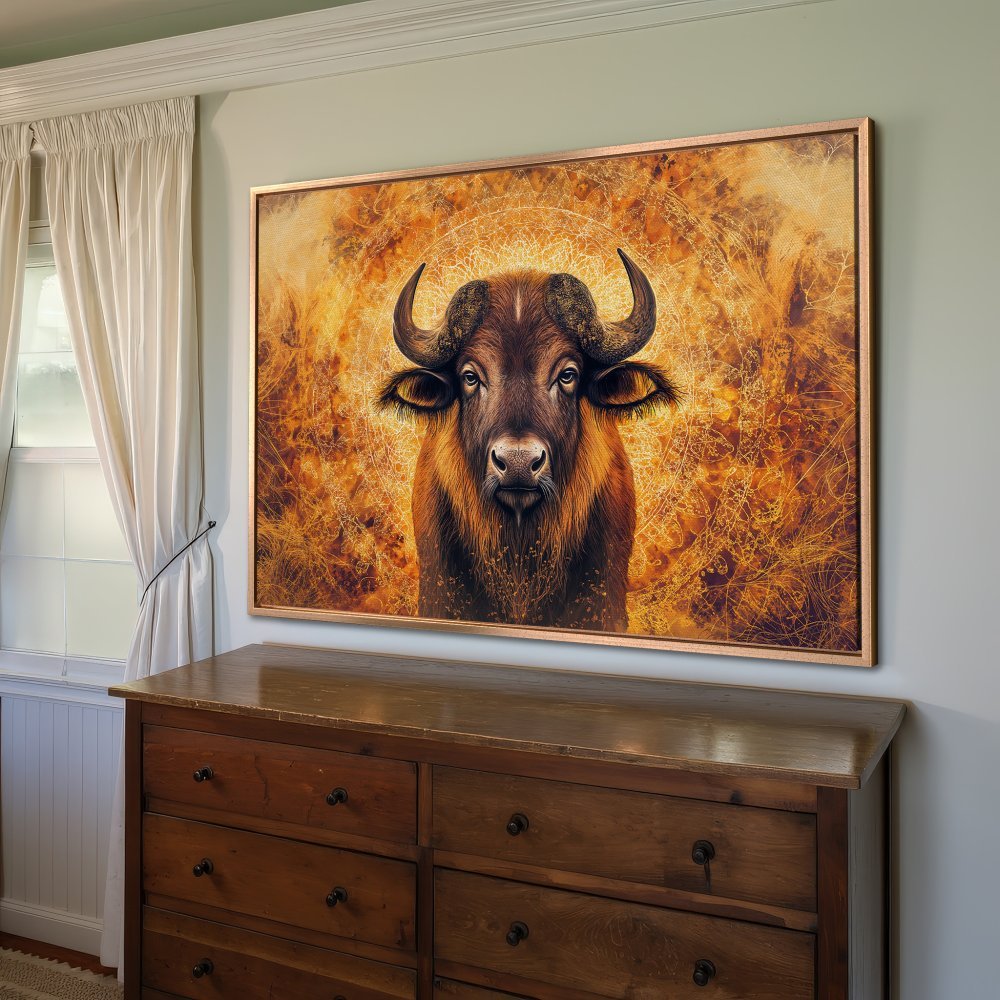 Framed Wall Art: Majestic bison canvas print in warm gold and brown tones. Enhance your home decor with this stunning wildlife art.