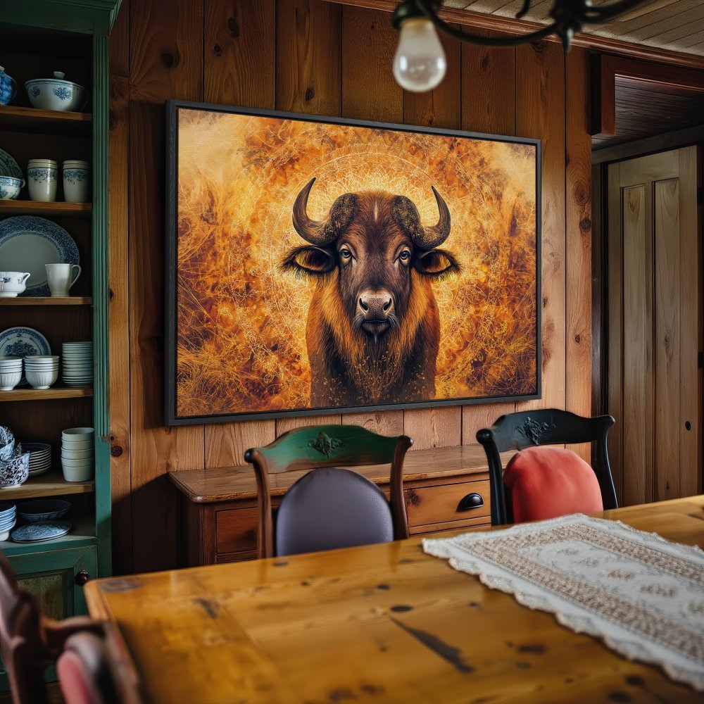 Framed Wall Art: Majestic bison portrait in warm orange and brown tones. Rustic style Canvas Print adds a touch of nature to your home decor.
