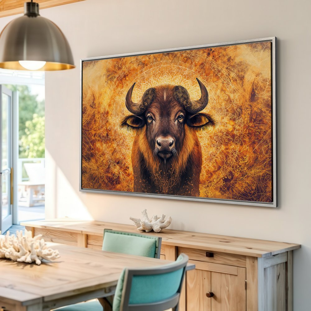 Framed Wall Art: Majestic buffalo portrait in warm orange and brown tones. Add a touch of nature-inspired art to your home decor.