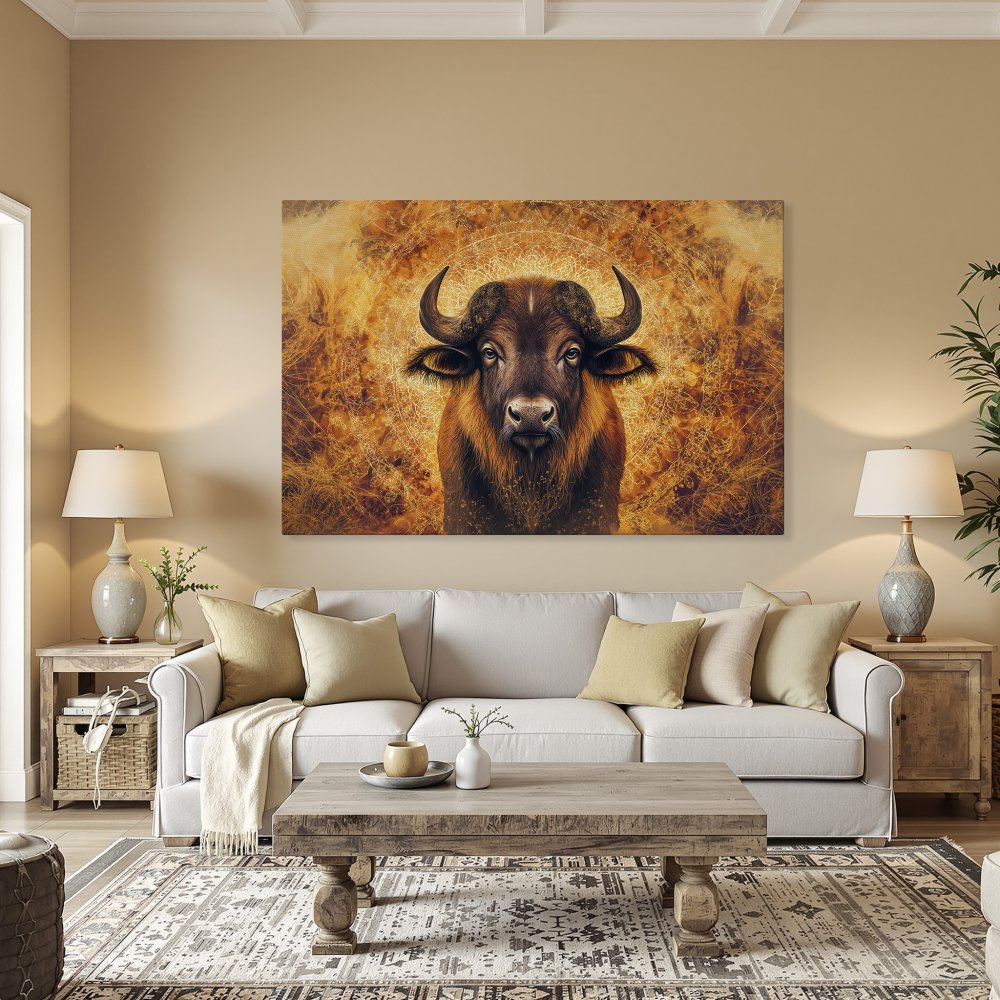 Framed Wall Art featuring a majestic buffalo in warm, earthy tones. Enhance your space with this stunning canvas print!