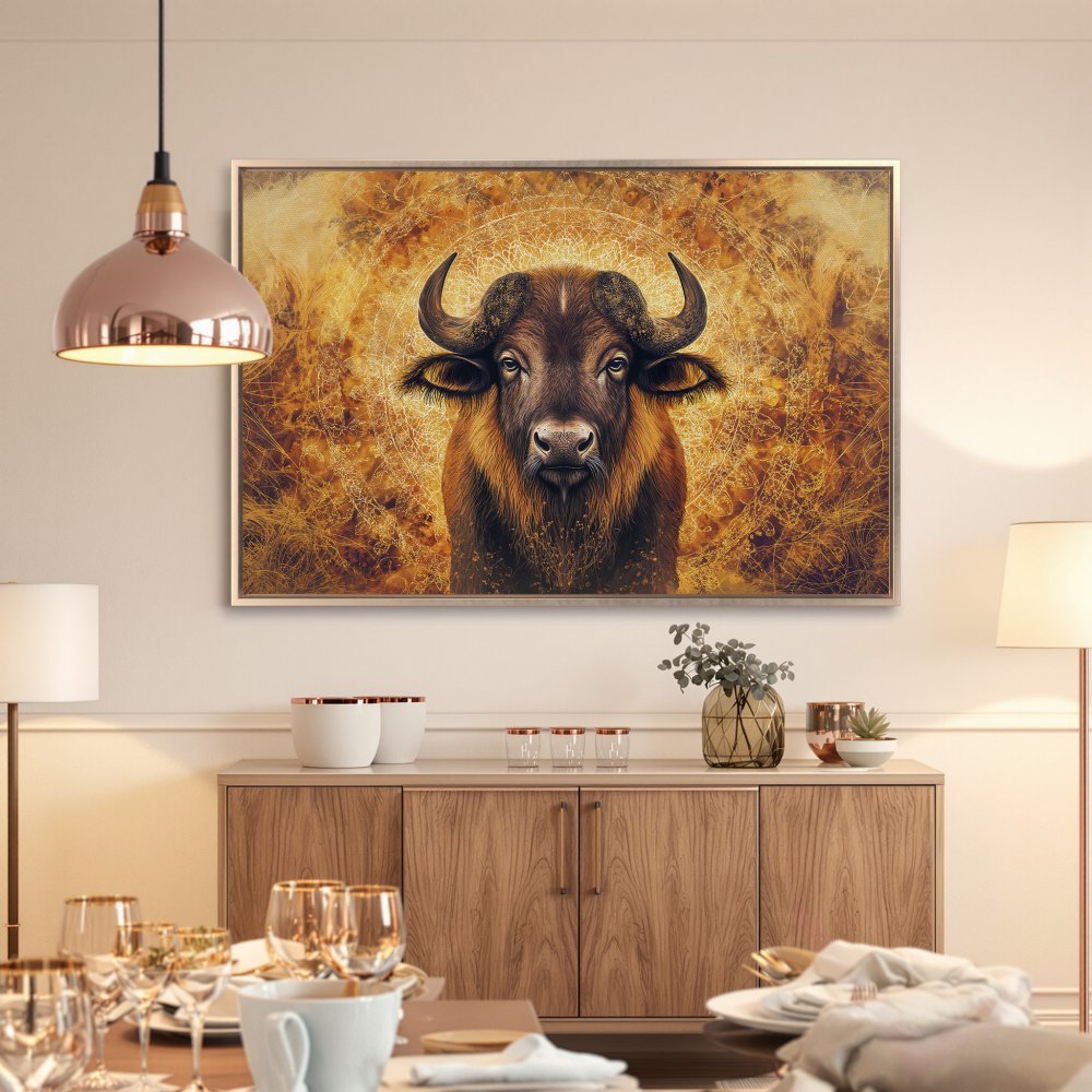 Framed Wall Art: Majestic buffalo portrait in warm gold and brown tones. Elevate your space with this stunning canvas print!