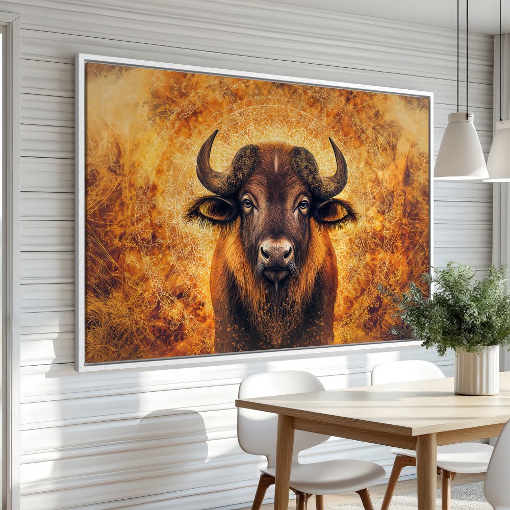 Framed Wall Art: Majestic buffalo portrait in warm orange tones. Rustic style Canvas Print for living room or dining room decor.