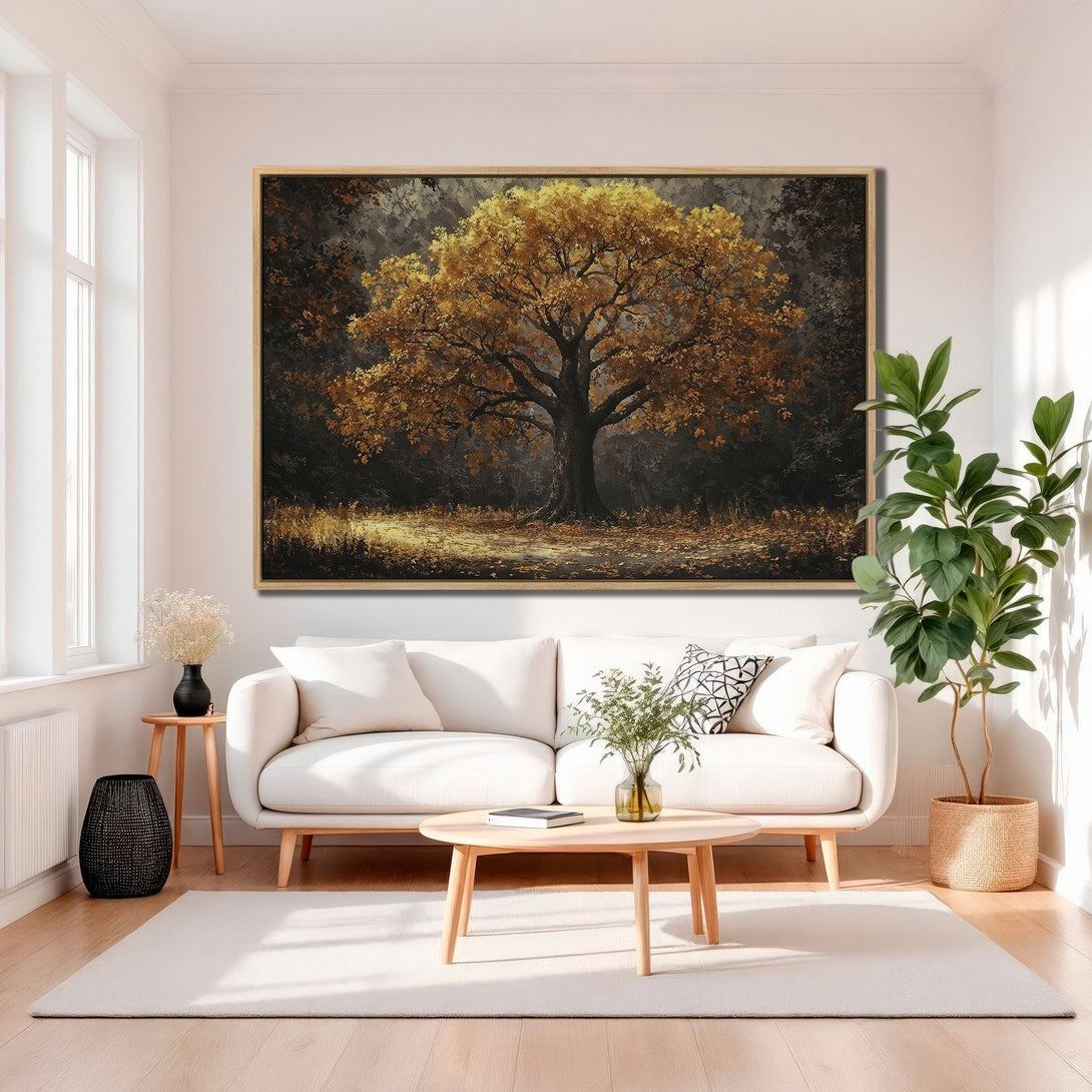 Framed Wall Art of a majestic tree in an autumn landscape. Warm gold and brown tones create a cozy, inviting atmosphere. Perfect for home decor.