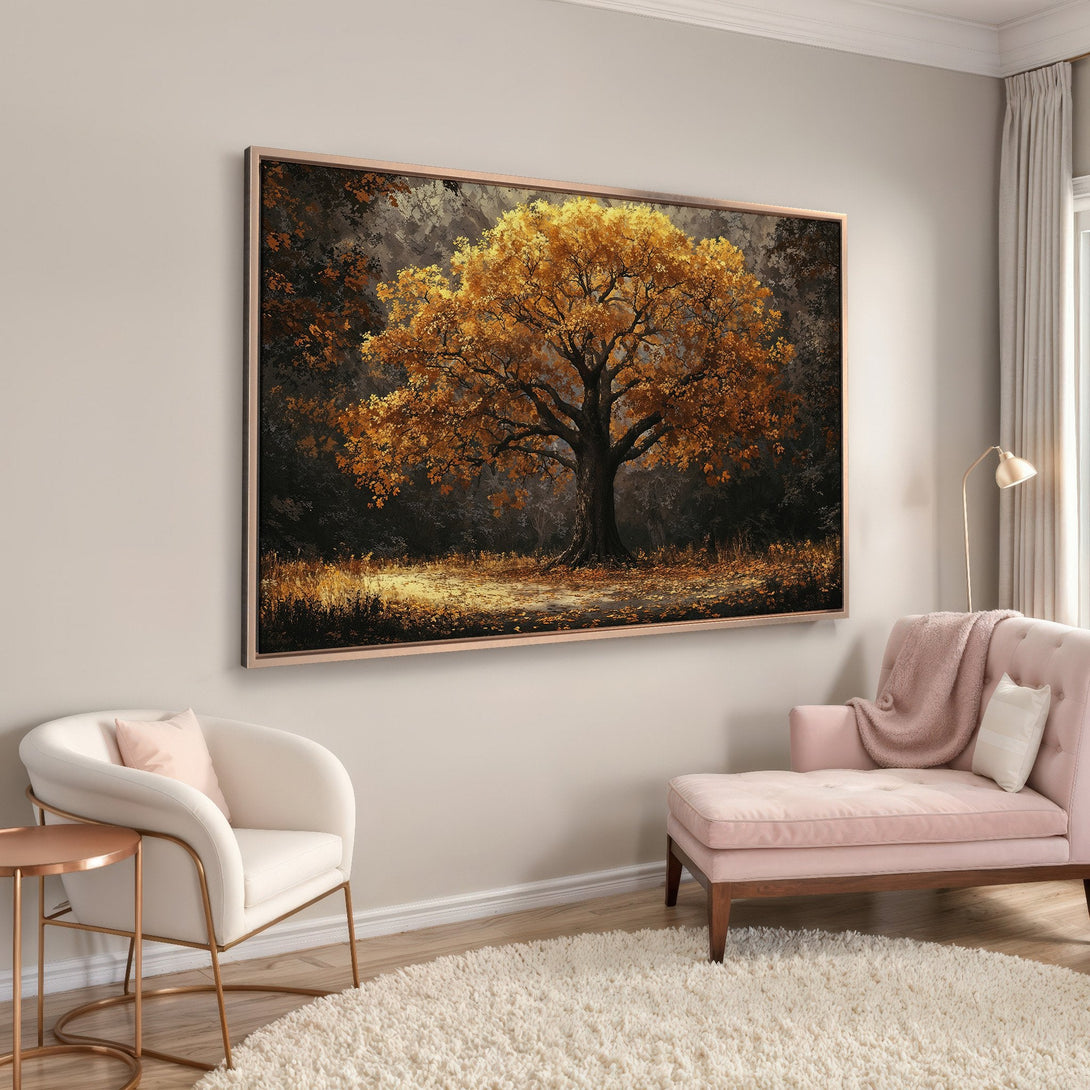 Framed Wall Art: Majestic tree in autumn colors. Warm gold and brown palette. Perfect for living room decor. Enhance your space with this stunning canvas print.