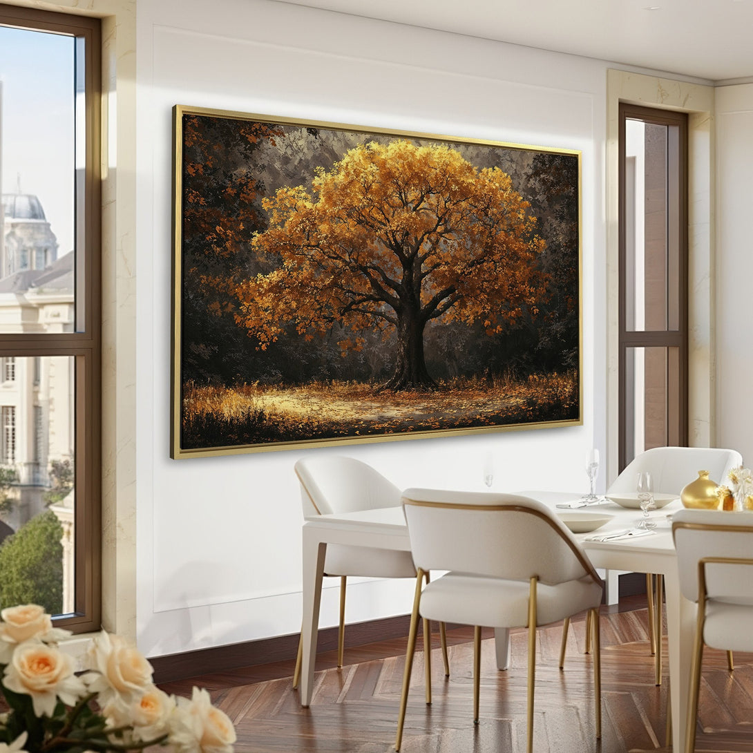 Canvas Print of a golden tree in a dark forest. Warm, autumnal color palette. Adds elegance to a sophisticated interior.