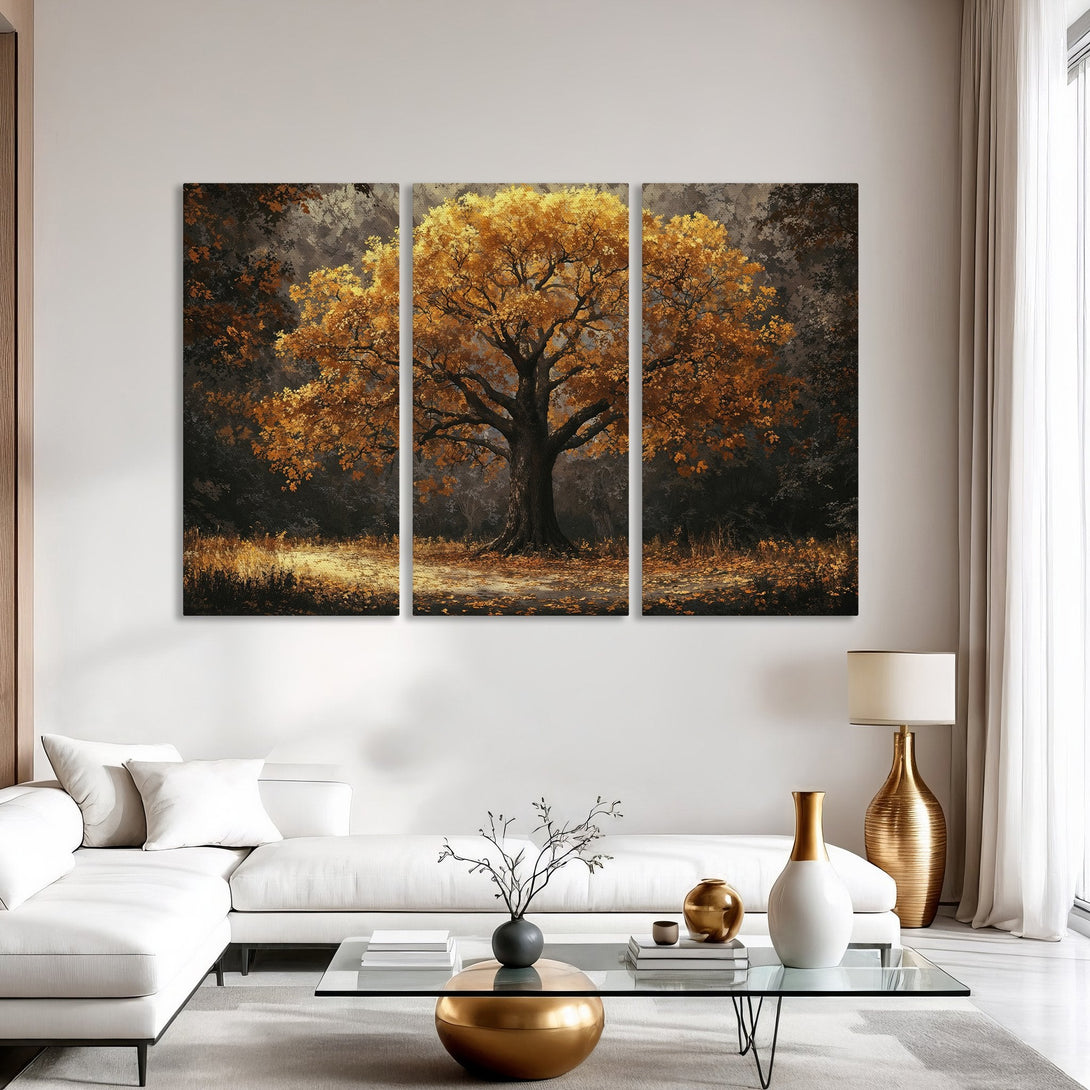 Canvas Print of a majestic tree in autumn colors. Warm gold and brown tones create a serene, artistic landscape for your home.