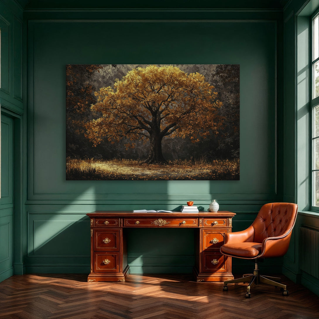 Framed Wall Art: Majestic tree painting in warm gold and brown tones. Perfect for adding elegance to your dining room decor.