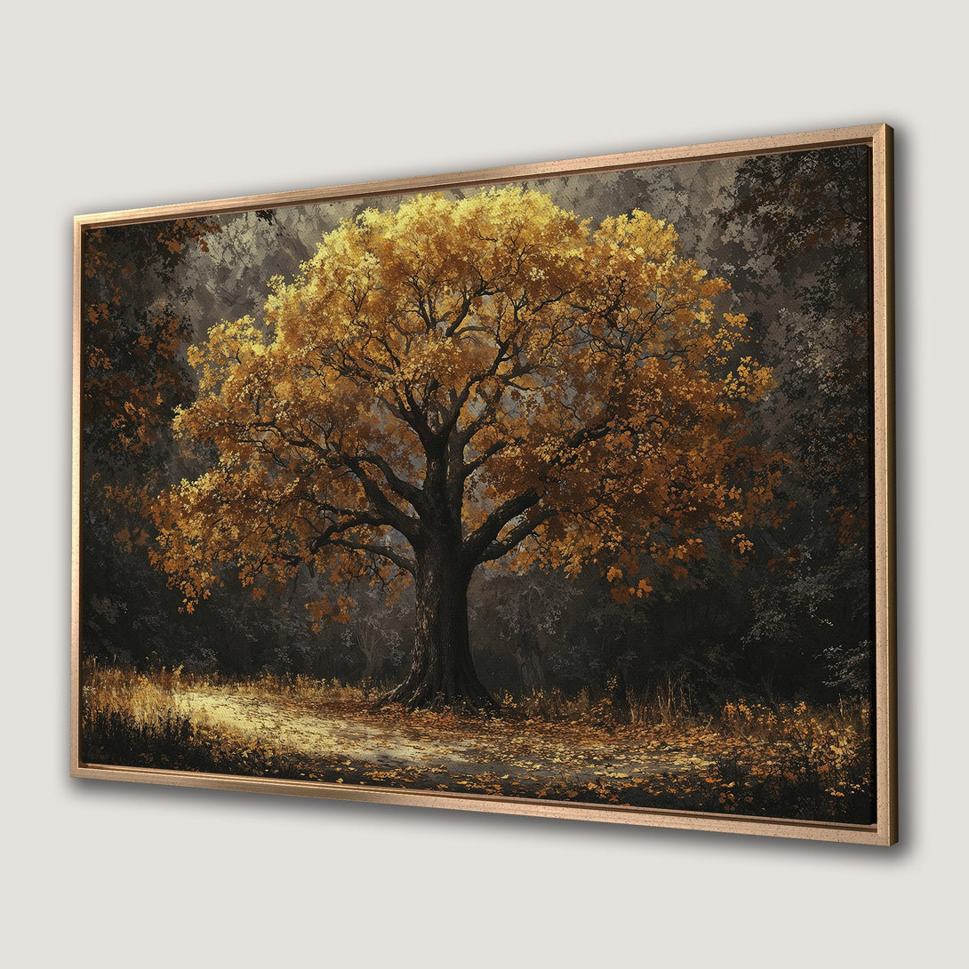 Framed Wall Art featuring a majestic tree in autumn colors. Warm gold and brown tones create a cozy, nature-inspired landscape for your home.