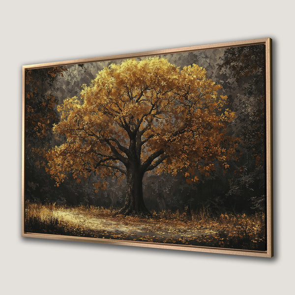 Framed Wall Art featuring a majestic tree in autumn colors. Warm gold and brown tones create a cozy, nature-inspired landscape for your home.