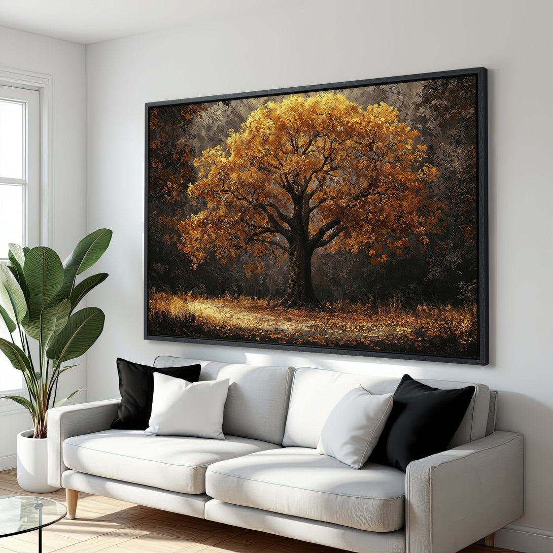 Framed Wall Art: Stunning golden autumn tree canvas print. Warm, inviting color palette perfect for living room decor. Bring the beauty of nature indoors!