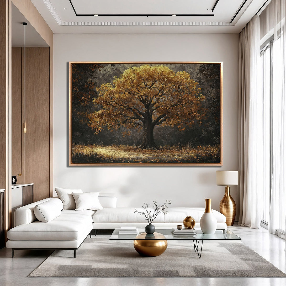 Framed Wall Art: Majestic tree painting with warm gold and brown tones. Perfect for adding a touch of nature and elegance to your living room.
