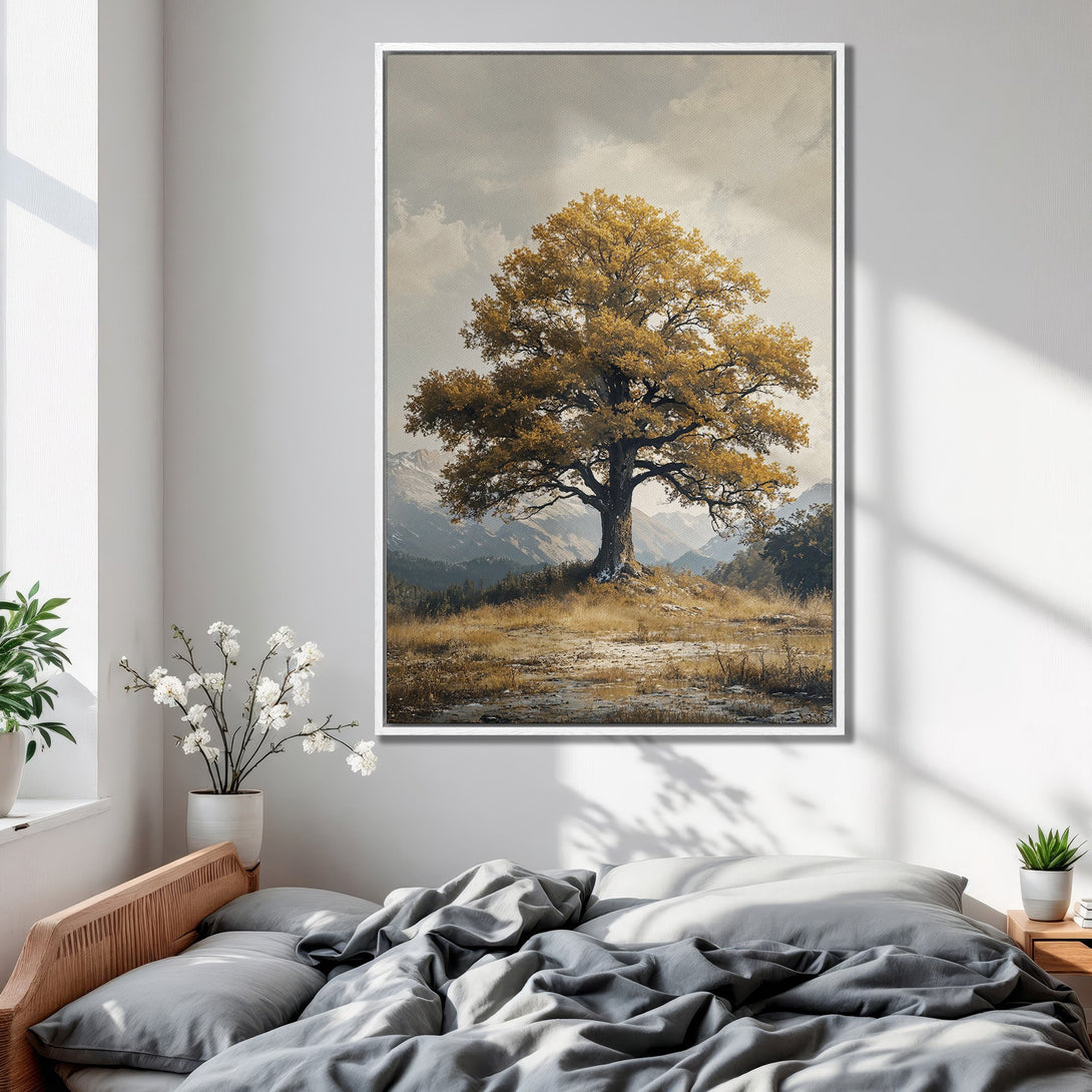Framed Wall Art: Majestic tree landscape Canvas Print in warm gold and neutral tones. Perfect for bedroom decor, adding a touch of nature's beauty.