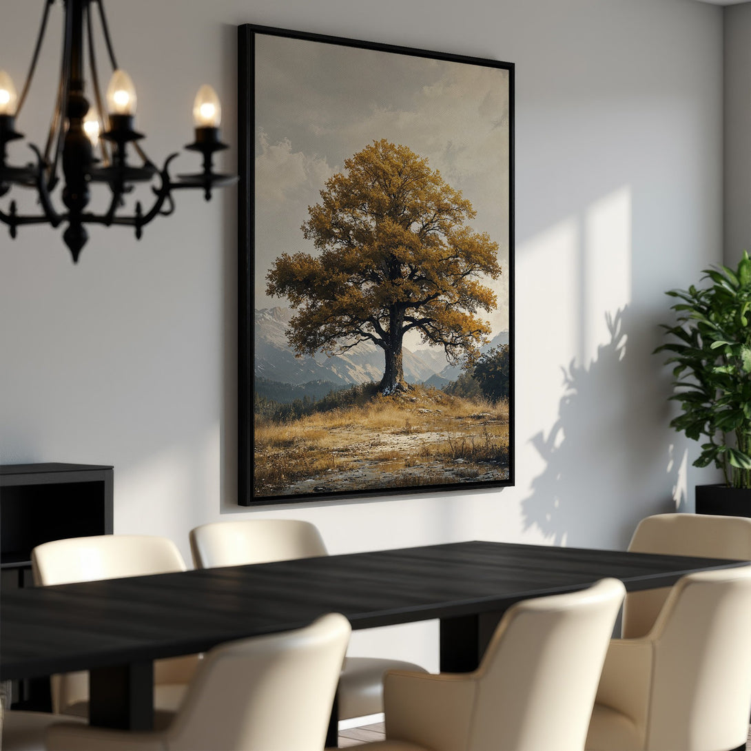 Framed Wall Art: Majestic tree landscape in warm gold and brown tones. Perfect for adding a touch of nature to your dining room.