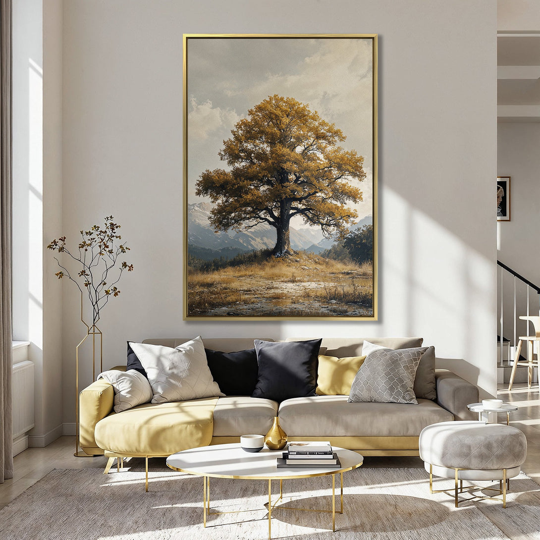 Canvas Print of a majestic tree in autumn colors, displayed in a cozy interior. Warm, earthy tones create a serene and inviting atmosphere.