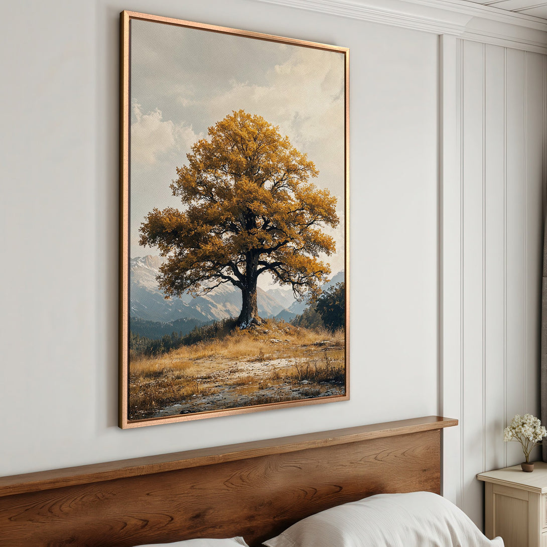 Framed Wall Art of a majestic tree in a warm, golden color palette. Landscape art perfect for adding a touch of nature to your home decor.