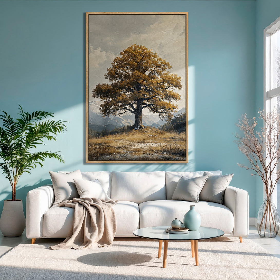 Framed Wall Art: Majestic tree landscape in warm gold and neutral tones. Perfect for adding a touch of nature and serenity to your living space.