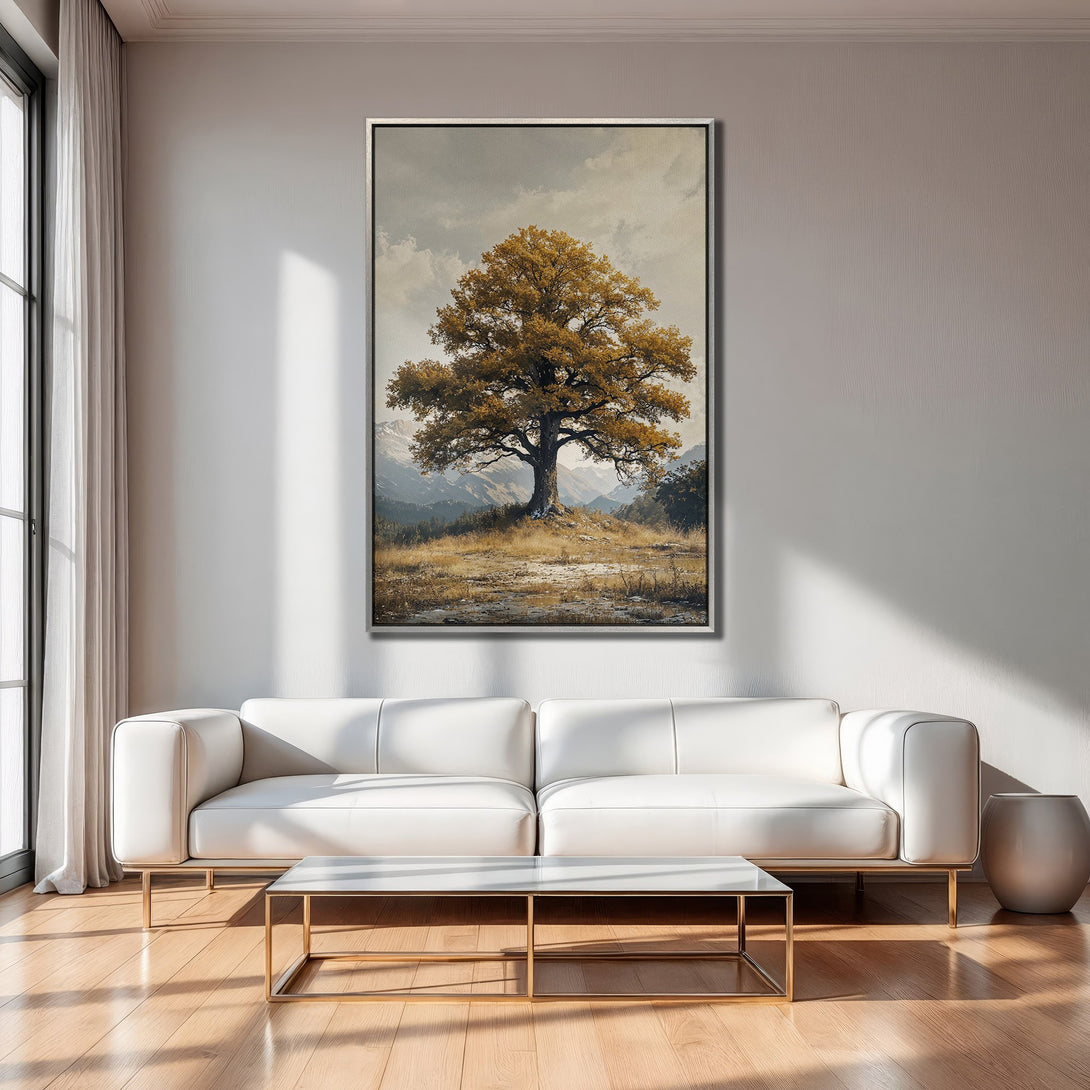 Framed Wall Art of a majestic tree in a landscape, warm earthy tones and a neutral palette, perfect for living room decor.