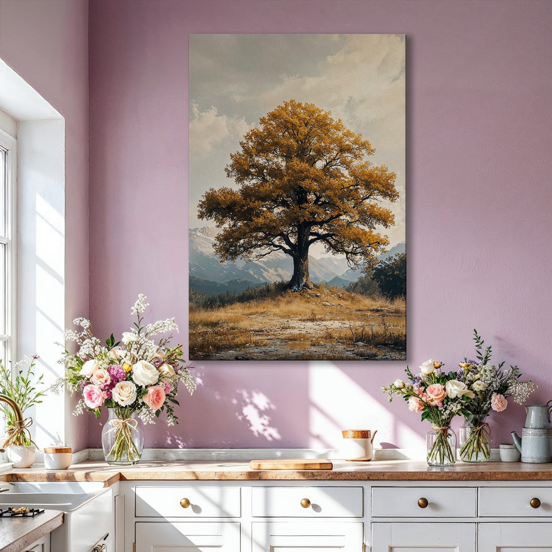 Framed Wall Art: Majestic tree landscape in warm gold and earth tones. Perfect for adding a touch of nature and elegance to your living room.